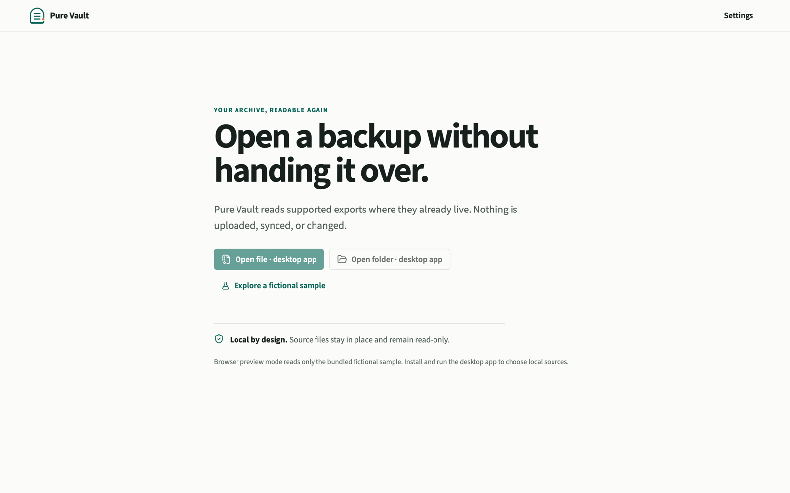 Pure Vault's start screen: the headline Open a backup without handing it over, Open file and Open folder buttons, and a link to a fictional sample.