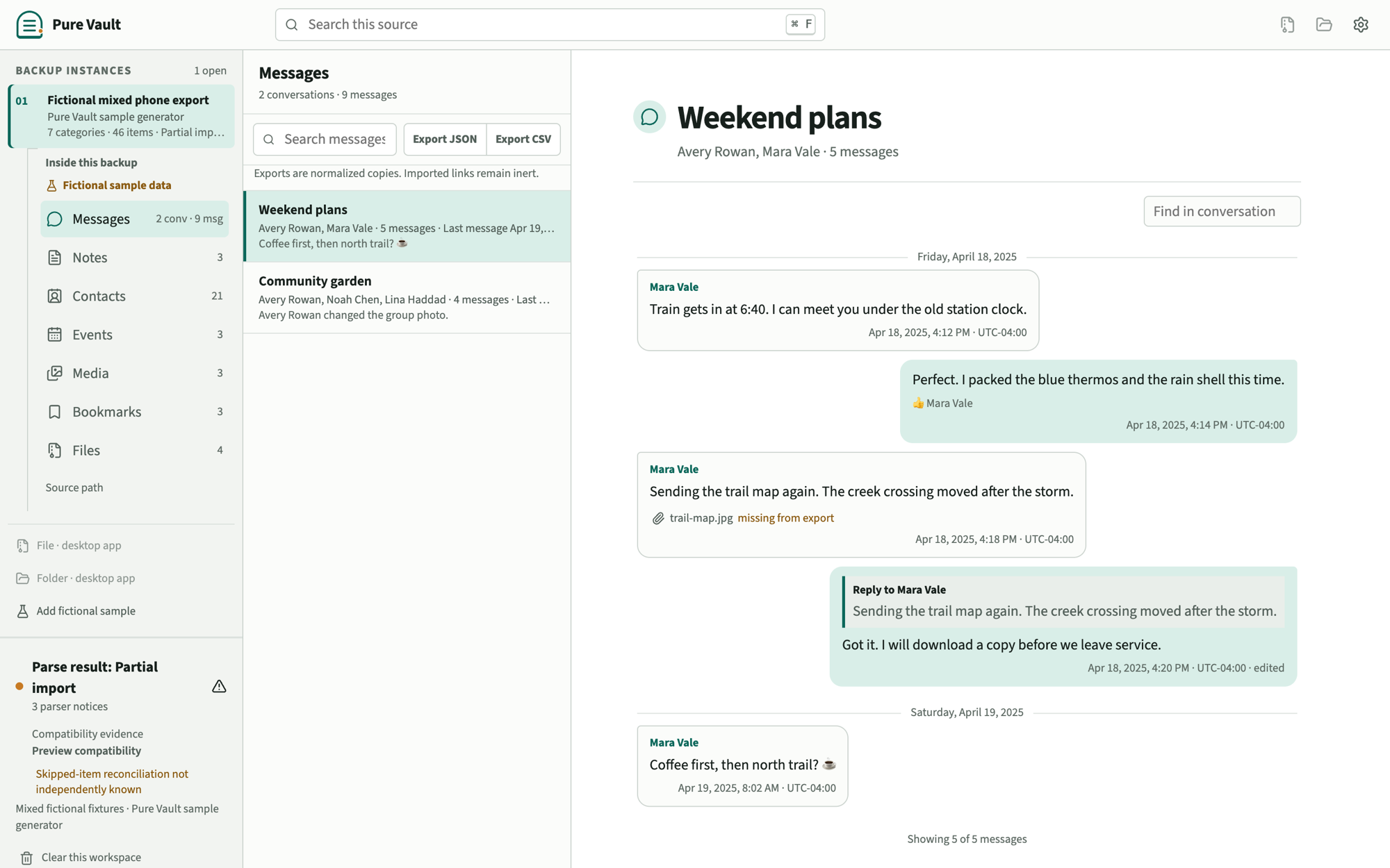 Pure Vault's messages viewer with a fictional conversation called Weekend plans open, the backup's categories in a left rail, and its import health visible.